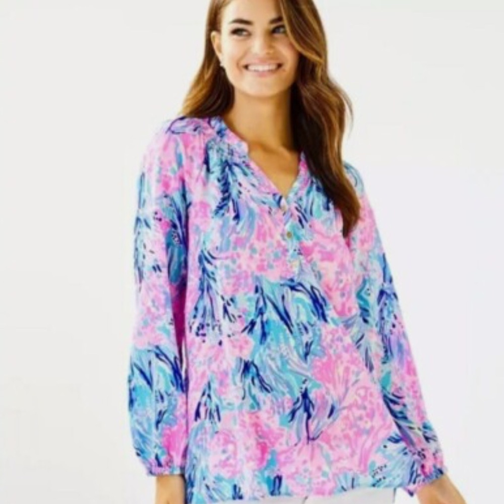 Lilly Pulitzer Elsa Top 100% Silk Periwinkle Purple Fan Sea Pants Pink Blue XS